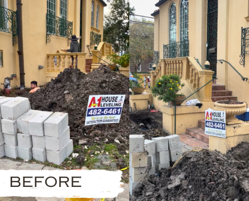 A-1 was hired to shore and level a home in Lake Vista. The house was about 6" out of level after the original wood pilings beneath the slab deteriorated and could no longer carry the load. Symptoms included uneven floors, cracked drywall, and sticking doors. As with any slab repair, the job required significant excavation. We installed concrete pilings beneath the slab and used hydraulic jacks to re-level the structure, restoring stability.