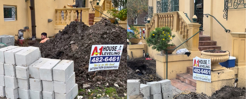 A-1 was hired to shore and level a home in Lake Vista. The house was about 6" out of level after the original wood pilings beneath the slab deteriorated and could no longer carry the load. Symptoms included uneven floors, cracked drywall, and sticking doors. As with any slab repair, the job required significant excavation. We installed concrete pilings beneath the slab and used hydraulic jacks to re-level the structure, restoring stability.